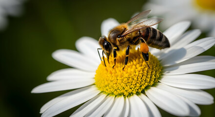 Honeybee Gathering Nectar From a Fresh Daisy Flower in Early Springtime