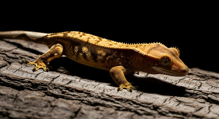 Creepy Crested Gecko Resting Calmly On A Branch In Dramatic Light