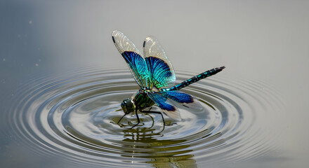 Azure Dancer Reflections A Dragonfly Sipping from Water Surface With Ripples