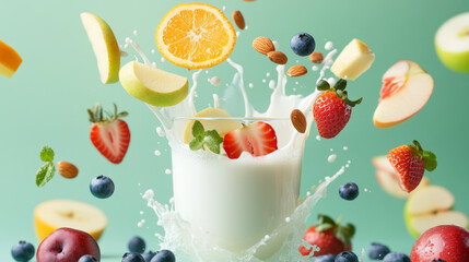 Fresh Fruits and Nuts Splashing in Milk Glass