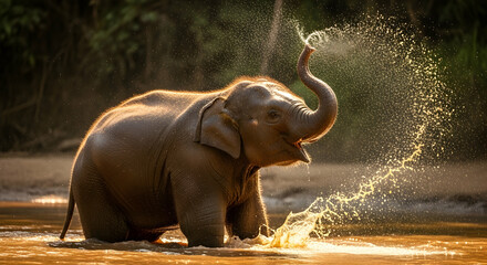 Playful Splashes Young Elephant Enjoys Water Bathing in River
