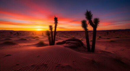 Desert Landscape With Joshua Trees Silhouettes Against Striking Colorful Sky