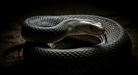 Fototapeta premium Black Mamba Snake Coiled In The Shadows Threatening Exotic Animal Dangerous