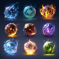 Set of glowing elemental spheres with fire, water, earth, and ice effects in vivid blue, orange, green, and red tones for game design