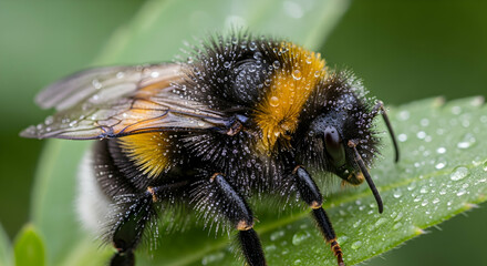 Dew Dropped Bumble Bee Resting on a Lush Green Leaf Macro Shot