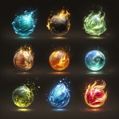 Set of glowing elemental spheres with fire, water, earth, and ice effects in vivid blue, orange, green, and red tones for game design