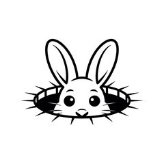 Cartoon Rabbit Peeking Out of a Hole with Spikes in Black and White for Vector Illustration
