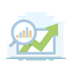 Business data analysis concept. magnifying glass on bar chart with arrow pointing up, business financial investment. dashboard information chart report. showing data analysis and growth.