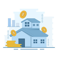Naklejka premium House price decline concept. Real estate and property price decline, property investment losses, housing price decline, home loan or mortgage risk. Flat design illustration in the background.