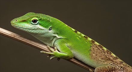 Fototapeta premium Green Anole Lizard Resting Beautifully On A Twig Close Up View