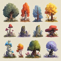 Set of stylized fantasy trees, rocks, and mushrooms in vibrant autumn and spring colors, perfect for game, animation, or illustration design