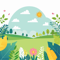 Vector illustration in trendy flat simple style - spring and summer background with copy space for text - landscape with plants, leaves, flowers - background for banner, greeting card, poster .