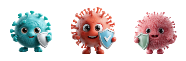 Cute cartoon viruses holding shields digital art playful environment on transparent background