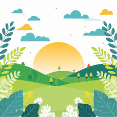 Obraz premium Vector illustration in trendy flat simple style - spring and summer background with copy space for text - landscape with plants, leaves, flowers - background for banner, greeting card, poster .