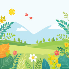 Obraz premium Vector illustration in trendy flat simple style - spring and summer background with copy space for text - landscape with plants, leaves, flowers - background for banner, greeting card, poster .