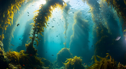 Obraz premium Sunlit Kelp Forest Ecosystem Vibrant Underwater Marine Life Scene