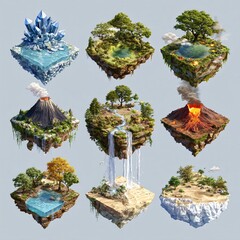 Fantasy floating islands with diverse biomes, vibrant colors, and magical landscapes, perfect for game or book design, computer game asset