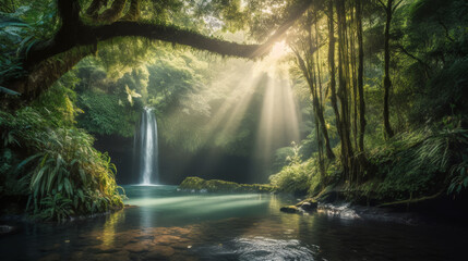 Obraz premium Serene Waterfall in Lush Tropical Jungle