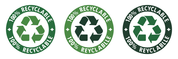 Three Green 100 Percent Recyclable Circle Logos with Arrows and Stars on a White Background Illustrating Environmental Responsibility and Sustainability Efforts