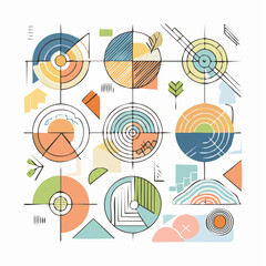 Vector minimal geometric illustrations set - trendy abstract aesthetic linear compositions, prints, frames and graphic design elements..