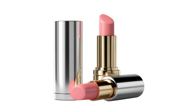 Pink Lipstick Duo: Two elegant pink lipsticks in silver and gold cases rest stylishly against a clean backdrop. The image emphasizes a fresh, radiant, and sophisticated beauty aesthetic.