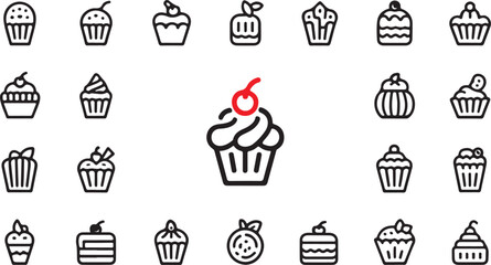 A collection of cupcake and dessert icons, ideal for bakery websites or apps