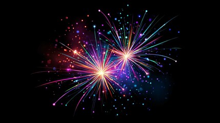 Vibrant glowing fireworks in blue, green, yellow, orange, red, and purple on black background, perfect for festive design