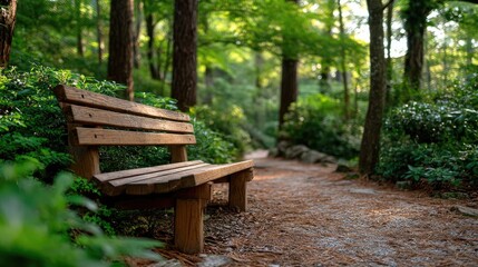 Wooden bench in forest setting