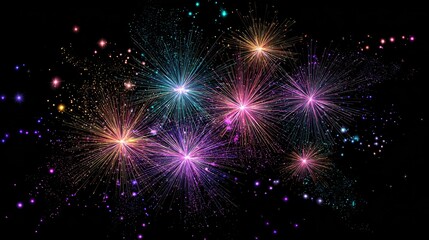 Vibrant glowing fireworks in blue, green, yellow, orange, red, and purple on black background, perfect for festive design