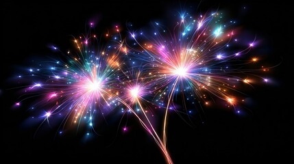 Vibrant glowing fireworks in blue, green, yellow, orange, red, and purple on black background, perfect for festive design