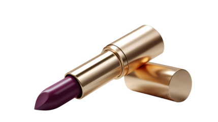 Sophisticated Lip Color: An elegant close-up showcases a luxurious purple lipstick in a golden tube, ready to enhance a woman's beauty, emphasizing the world of cosmetic artistry.
