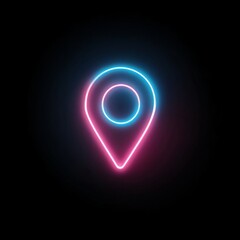 Neon glowing map pin location icon in blue and pink colors on black background, perfect for app, tech, or travel design