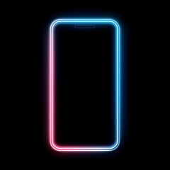 Neon glowing smartphone frame in blue and pink colors on black background, ideal for tech, app, and digital design projects