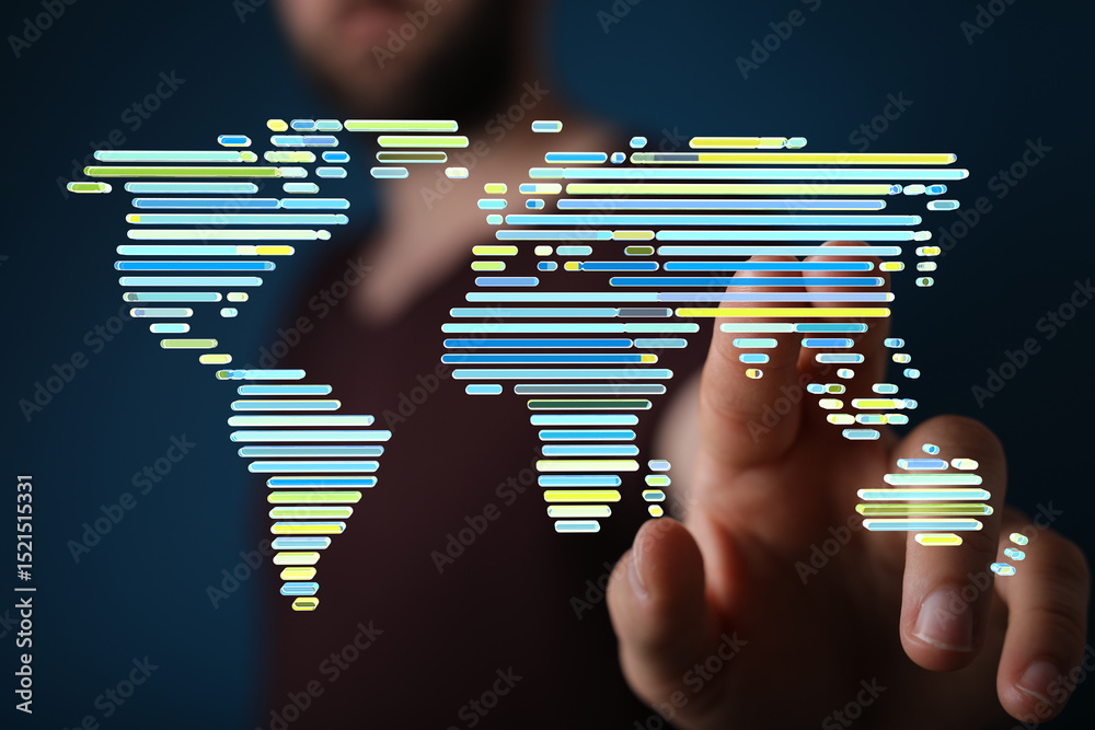 Aufkleber Hand interacts with a digital world map, symbolizing global connectivity and technology.