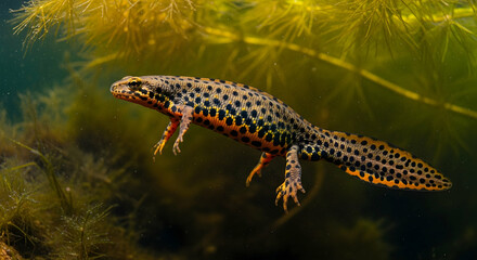 Obraz premium Smooth Newt Swimming Through Aquatic Plants in a Natural Habitat