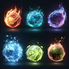 Set of glowing elemental spheres with fire, water, earth, and ice effects in vivid blue, orange, green, and red tones for game design