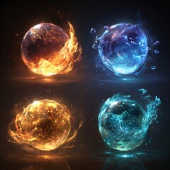 Set of glowing elemental spheres with fire, water, earth, and ice effects in vivid blue, orange, green, and red tones for game design