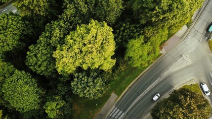 Bird's Eye View of Dense Green Trees Bordering Road with Moving Cars and Sunlight on Lush Greenery