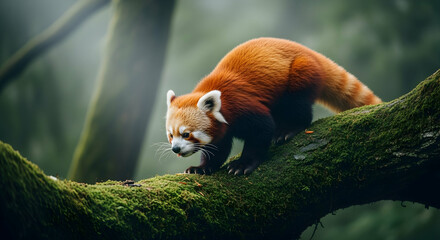 Red Panda Exploring Mossy Branch In Serene Woodland Scene