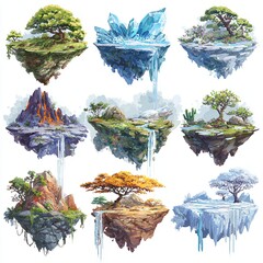 Fantasy floating islands with diverse biomes, vibrant colors, and magical landscapes, perfect for game or book design, computer game asset