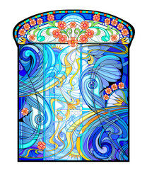 Drawing of beautiful colorful Art Nouveau stained glass window. Template for exclusive luxury interior. Design for wallpaper or decoration. Architecture in Western Europe. Hand drawn vector.