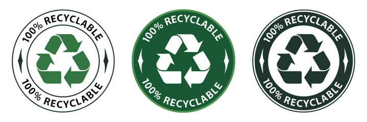 Set of Three 100 Percent Recyclable Icons with Different Styles and Colors Representing Sustainable Practices and Environmental Responsibility for Products and Packaging