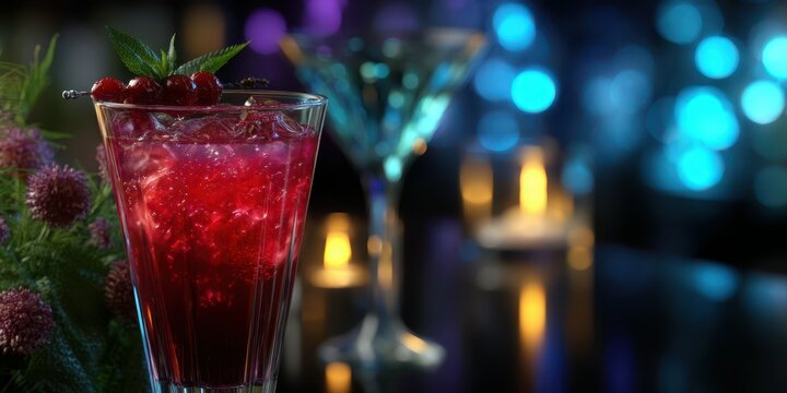 Colorful cocktails on a bar countertop during a lively evening in a vibrant lounge atmosphere