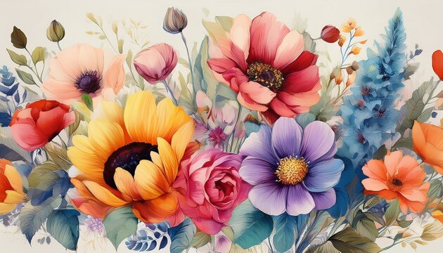 Eine farbenfrohe Aquarell-Collage aus verschiedenen Blumenarten 