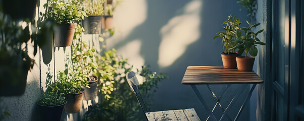 Sunlit Urban Balcony with Potted Plants and Wooden Table