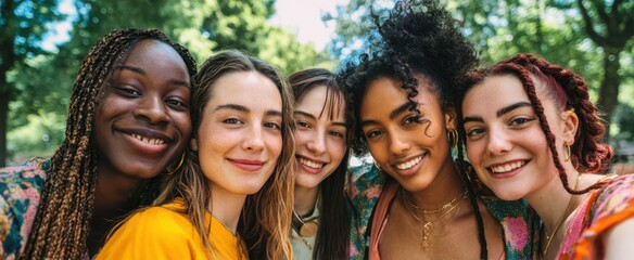 Obraz premium The five friends sharing joyful moments under the trees in a park.