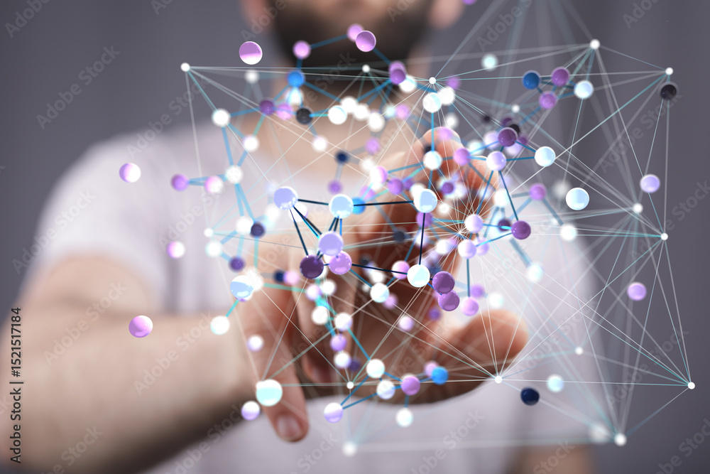 Poster Abstract image of a person's hand interacting with a complex network of interconnected nodes, representing connections, data, or relationships.