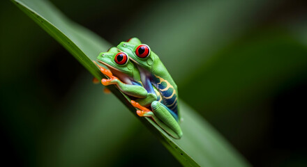 Two Red Eyed Tree Frogs Resting On A Green Leaf Together