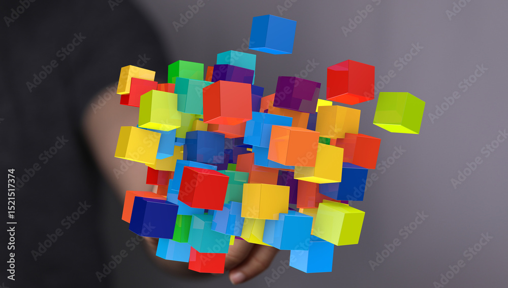 Poster abstract image of colorful cubes, perfect for technology, innovation, or creativity concepts.