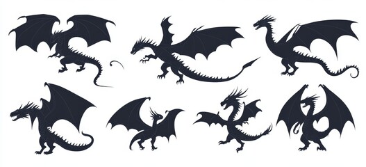 A set of dragon silhouettes is available, featuring monochrome black stickers of flying winged dragons that can be used as design elements for tattoos, logos, and emblems, presented in a flat modern